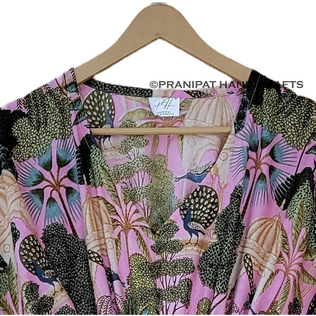 Femei Roz Bebe Imprimeu Păun Bumbac Mărimi Mari Rochie Caftan Maxi de Plajă CKFTN-SCRN-FULL-BUYIT-068