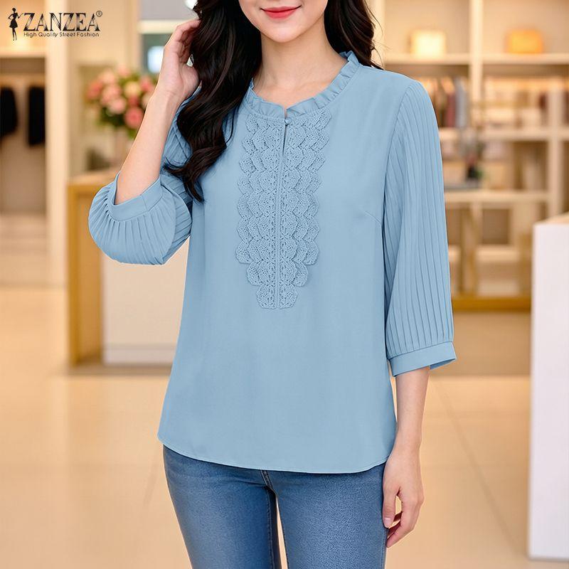 ZANZEA Women Casual Round Neck Lace Patchwork Loose 3/4 Sleeve Blouse