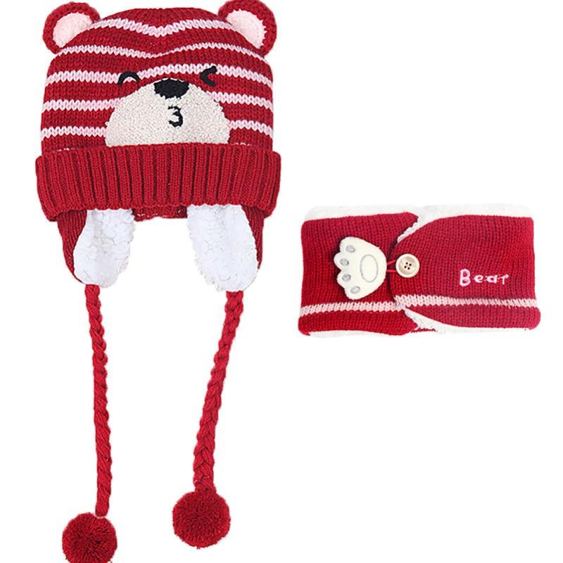 Winter Kids Baby Girls Boys Cartoon Bear Stripe Knit Hat Cap Woolen Yarn Scarf  Hat Keep Warm Set For Outdoor