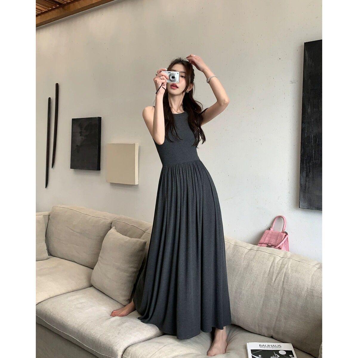 

Women s Plus Size Modal Sleeveless Knee-Length Vest Dress - Waist-Cinched, Strappy Spring/Summer Outerwear & Inner Layer L (50-60 kg) серый