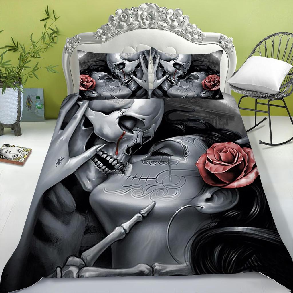 Bedding Set New Bed Cover 3D Skull Head Scary Print Family Bedroom Full Size Quilt Cover and Pillowcase Microfiber