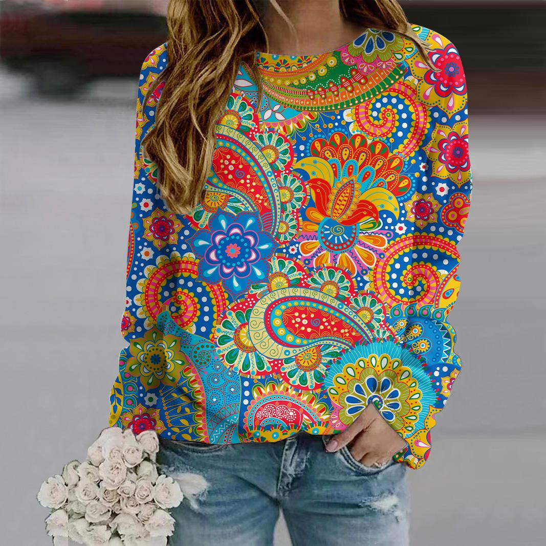 Осень-Осень женская мода O-образный вырез длинный рукав футболка свободная одежда