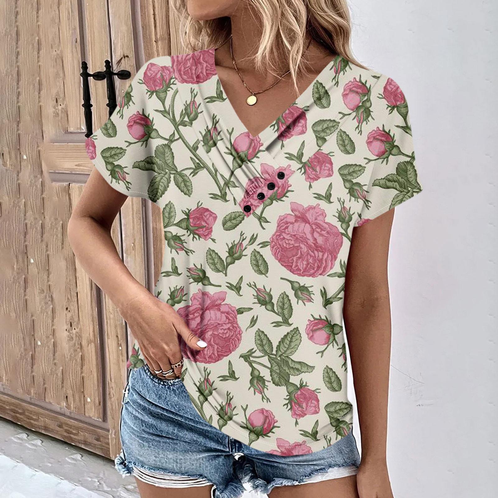 

Літні жіночі топи Квітковий візерунок для жінок Зручні жіночі футболки з V-подібним вирізом і короткими рукавами XL рожевий