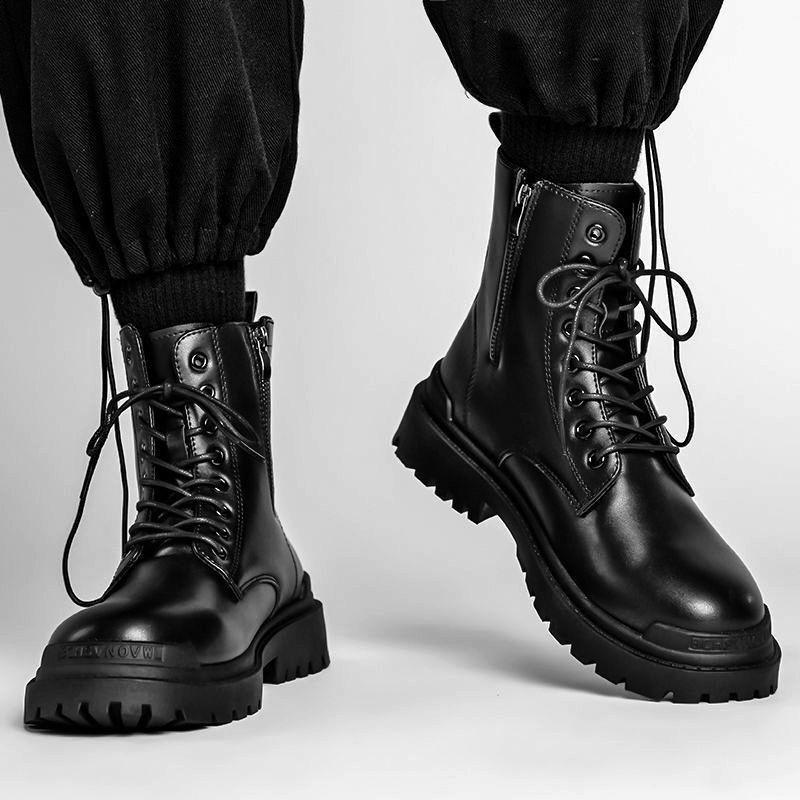 British-style Men's Boots 2025 New Autumn and Winter, with Fleece Warmth, High-top Motorcycle Leather Boots for Men, Large Size