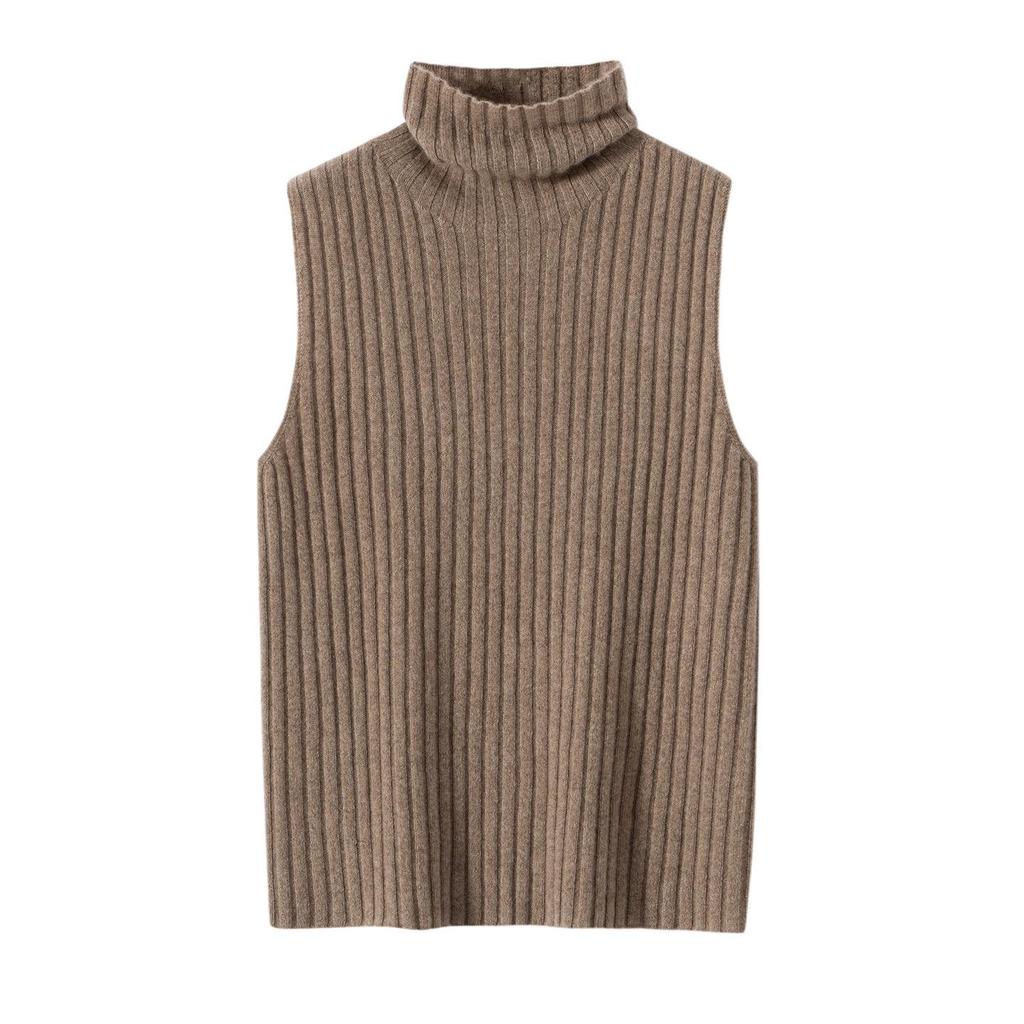 Women's 100% Pure Cashmere Striped Sleeveless Slim-Fit Turtleneck Vest