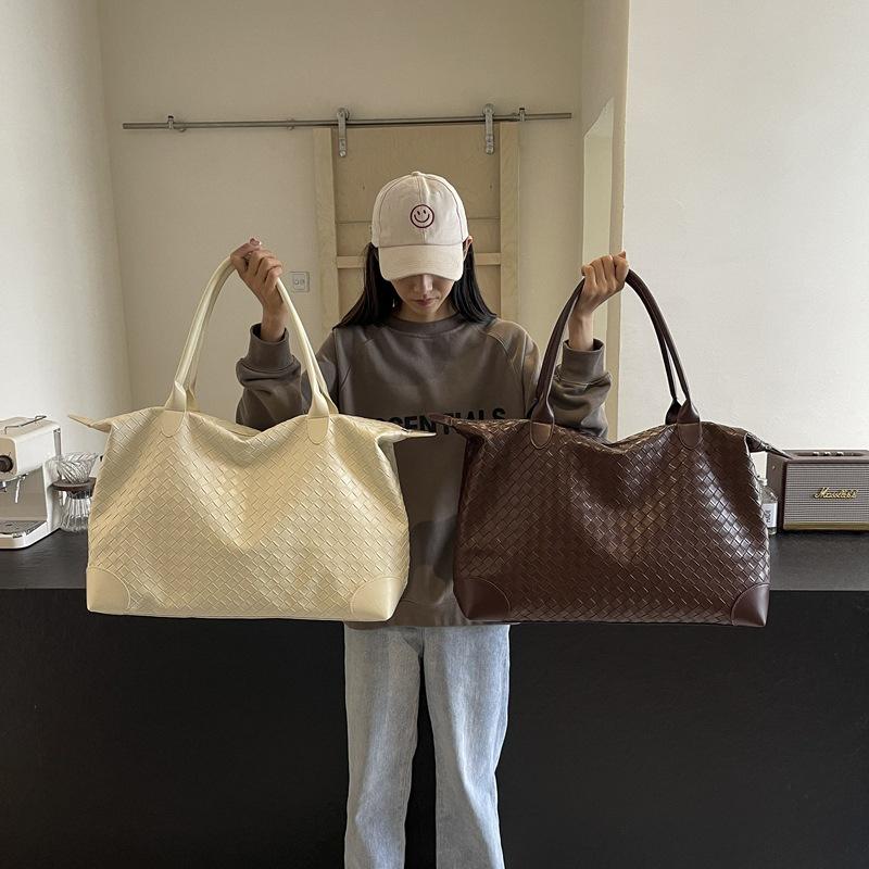 Schoolbag Unisex Dark Brown Travel Bag Large Capacity High-End Sense Weaving Trend Fashion Korean Version Shoulder Bag Business Travel Accommodation Storage Fitness Bag Dark Brow