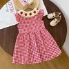 Mädchen Freizeitkleid Erdbeer-Häkelkragen Karomuster Flatterärmelkleid Niedliche Outfits Mädchen Vestidos