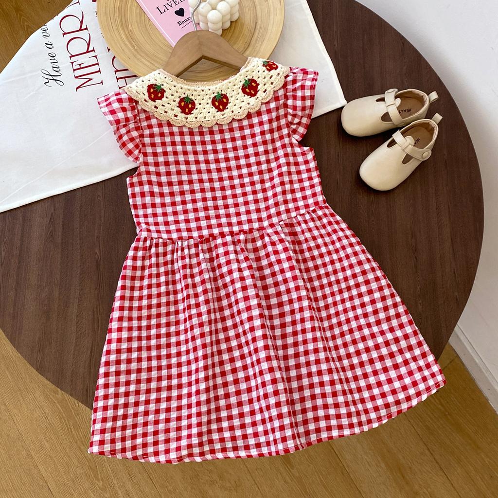 Mädchen Freizeitkleid Erdbeer-Häkelkragen Karomuster Flatterärmelkleid Niedliche Outfits Mädchen Vestidos