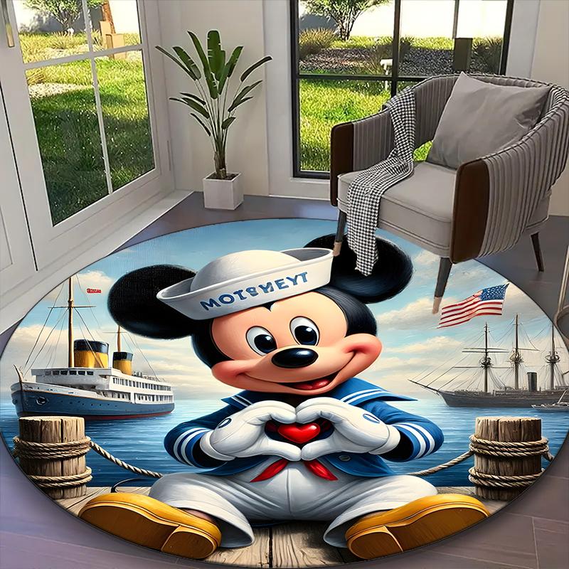 [Mickey Mouse Sailor Suit Blue Floral Printed Carpet] Non-slip Office Rug, Cozy Round Carprt for Living Room Use, Soft Home Sofa Chair Mat