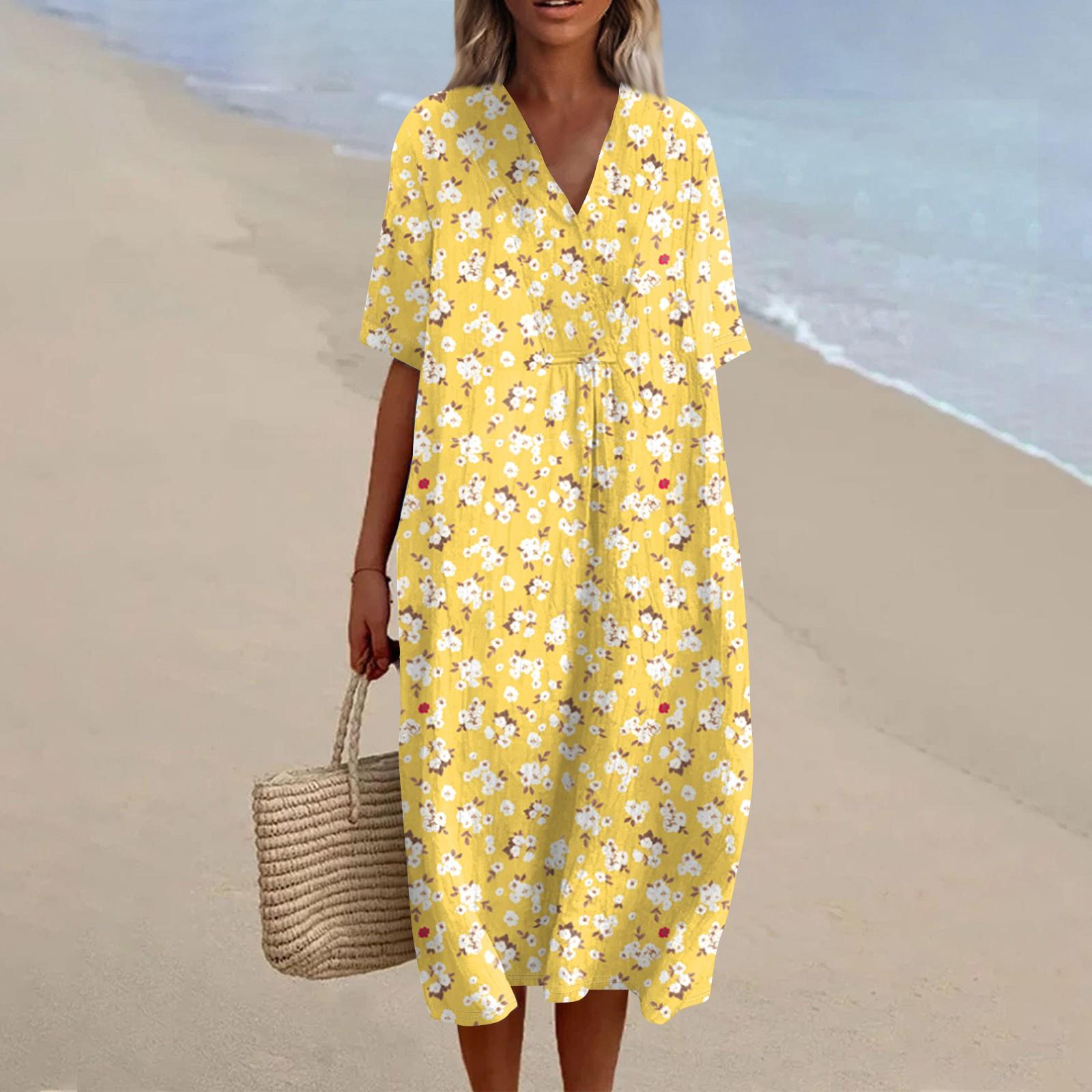 

Женское свободное повседневное модное платье с V-образным вырезом и принтом, пляжная юбка XXL жёлтый