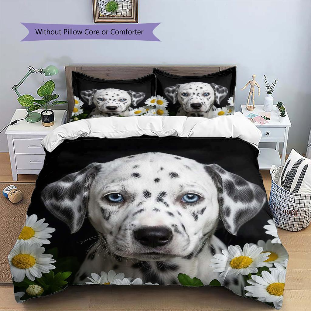 Flowers and dogs Pattern Bedding Quilt Set Quilt Cover Pillowcase Home Decoration Birthday Gift (1 * duvet cover + 2 * pillowcase, without core)