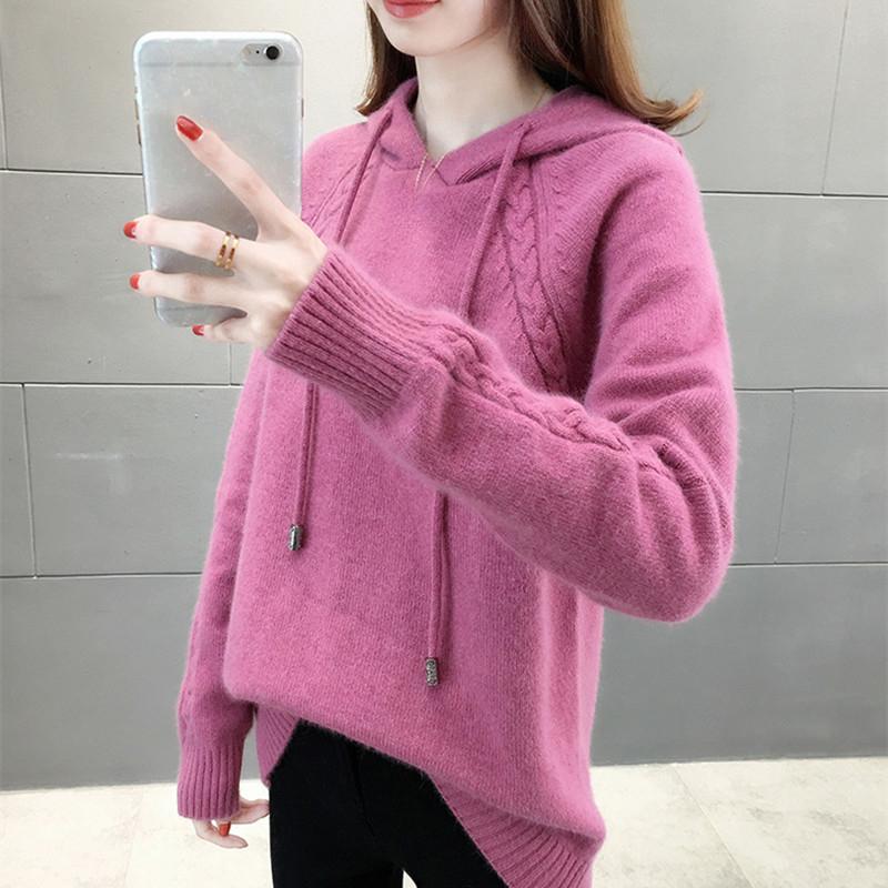 Hooded Sweater Women's Autumn and Winter Long Sleeved Knitted Sweater Loose and Lazy Style Hoodie Top Rest Pullover