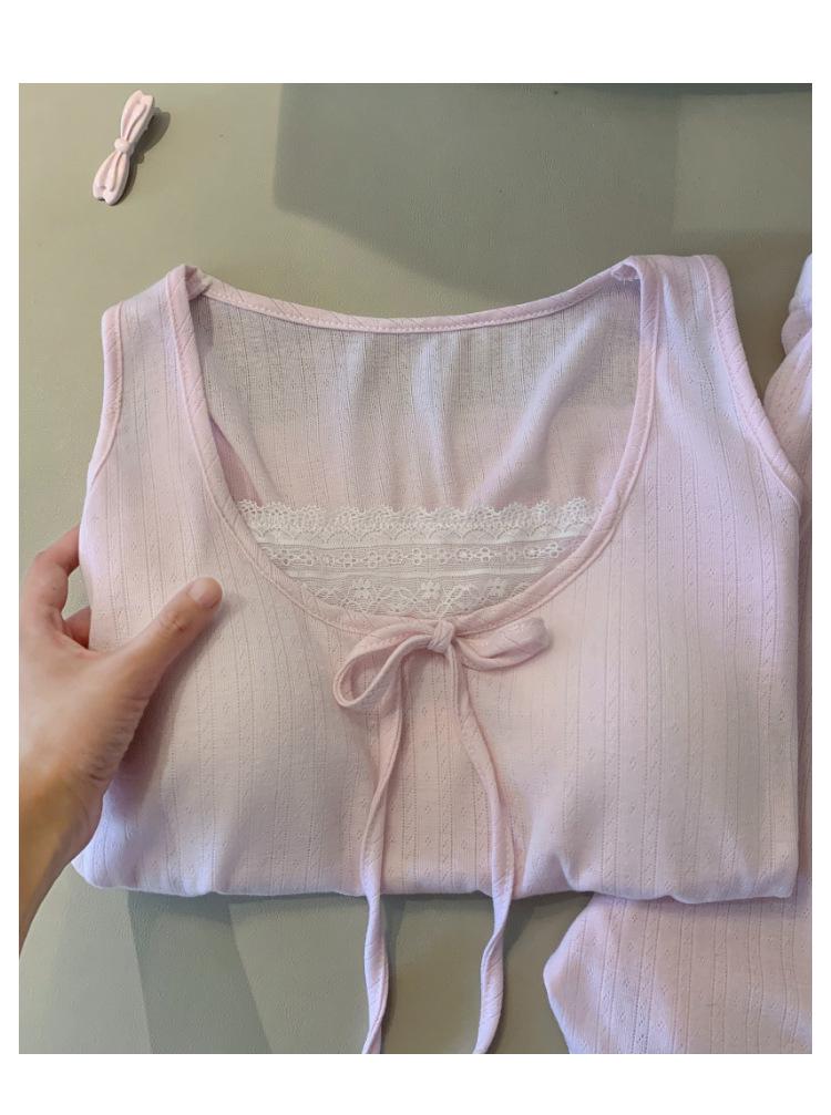 Women's Blue Sleeveless Pajama Shorts Set with Chest Pads, Summer Korean Style, Fresh Girly Design, Perfect for Home or Outdoors.