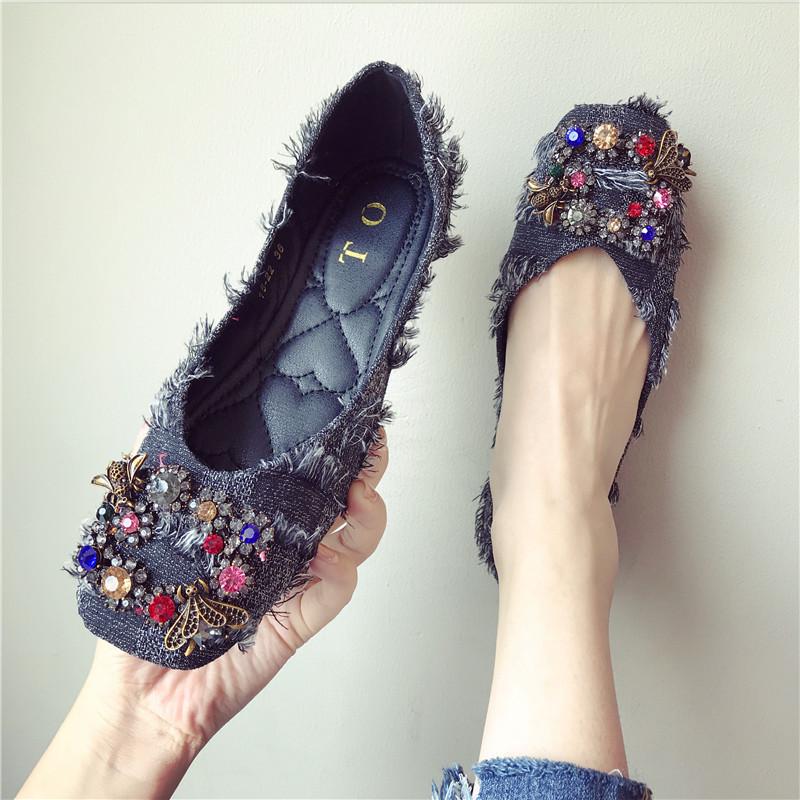 Autumn Fashionable All-match Rhinestone Square Buckle Square Toe Cloth Flat Heel Single Shoes Women's Soft Sole Moccasins