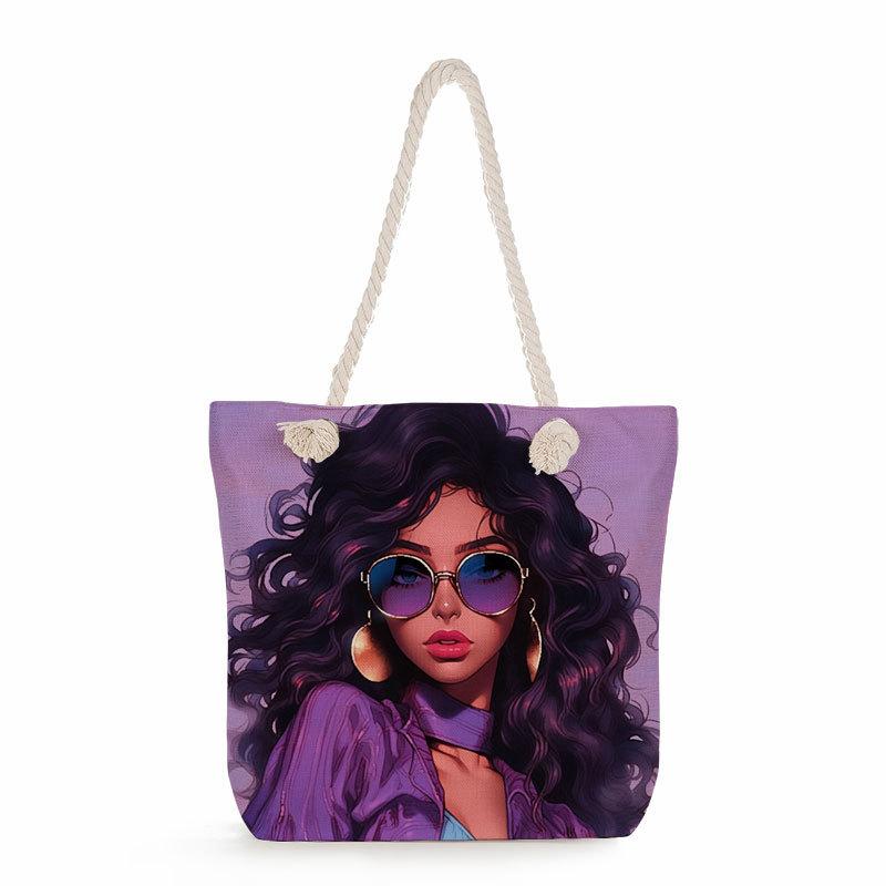 Multifunctional Black girl  Printed Thick Rope Shoulder Beach Bag 7581