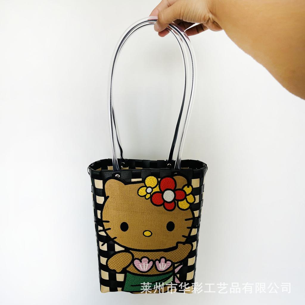 Plastic Woven Handbag Kitty Cat Bag College Style Girl Handwoven Bag Vertical Vegetable Basket