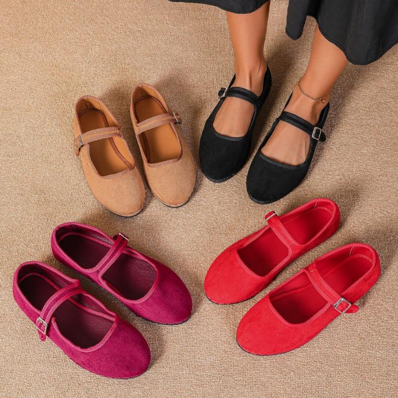 Fashion Elegant Suede Mary Jane Flats Shoes Women Black Buckle Strap Shallow Casual Ballet Shoes Ladies Spring Autumn Canvas Loafers