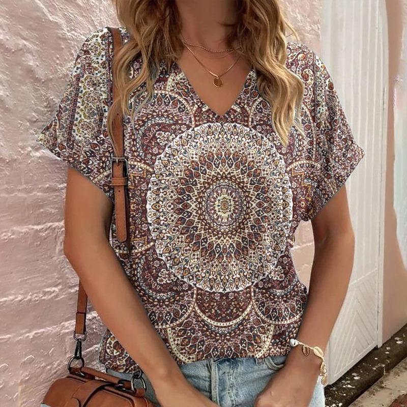 Casual Bohemian Print Women's Short Sleeve V-Neck Top T-Shirt