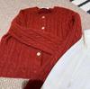 Women's Cashmere Round Neck Cardigan - Year of the Rooster Red, Thick & Fashionable Bright Silk Cable Knit Sweater for Autumn/Winter.