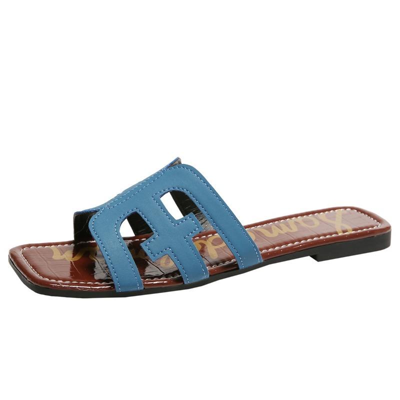 Women's Hollow Out Flat Slides, Retro Square Open Toe Summer Shoes, Casual Outdoor Beach Slides