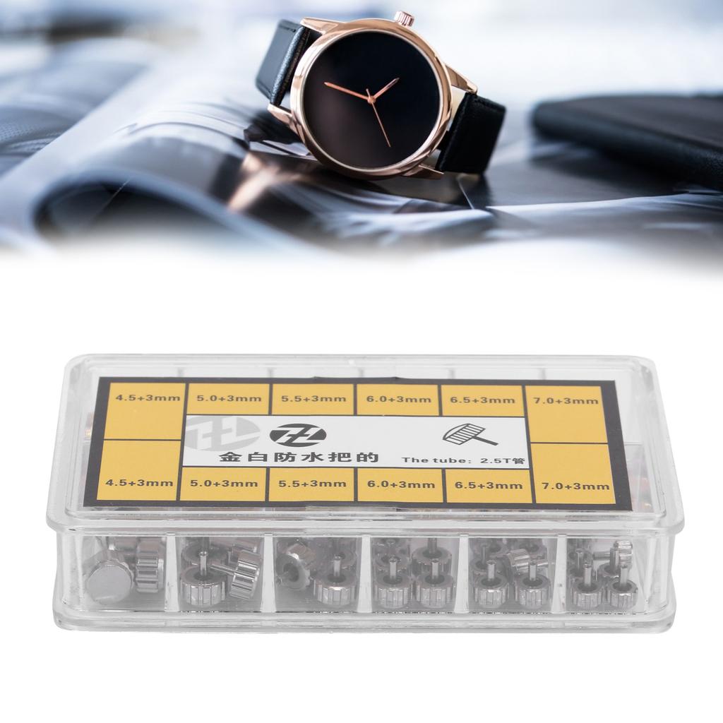 76pcs Watch Crown Assorted Parts Accessories 2.5T Steel Repair Replacement Tool Box