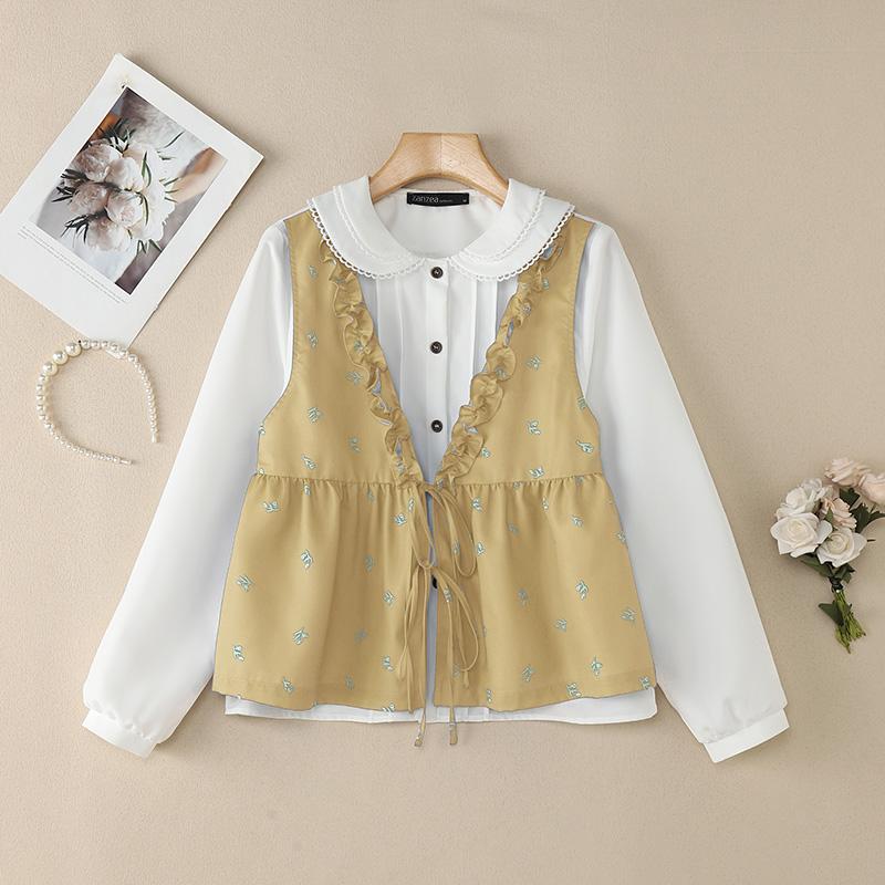 ZANZEA Women Casual Doll Collar Loose Long Sleeve Patchwork Blouse