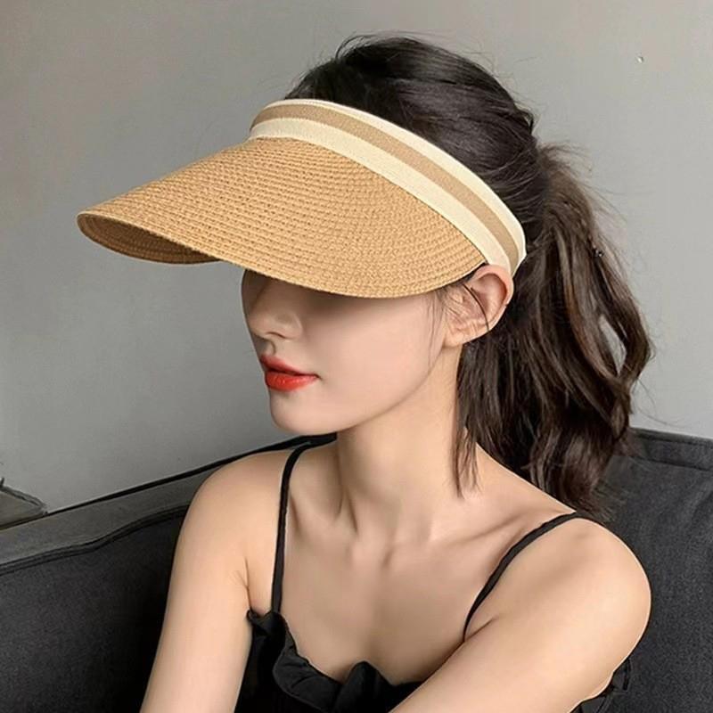 New Summer Raffia Straw Sun Protection Hat Open Top Straw Hat Striped Versatile Uv Protection Women'S Casual Baseball Cap