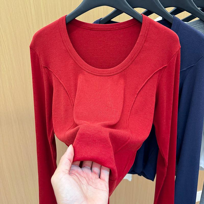 

Simple front shoulder long-sleeved t-shirt women s spring 2025 new women s clothing slim-fit crew neck t-shirt fishbone waist top XL