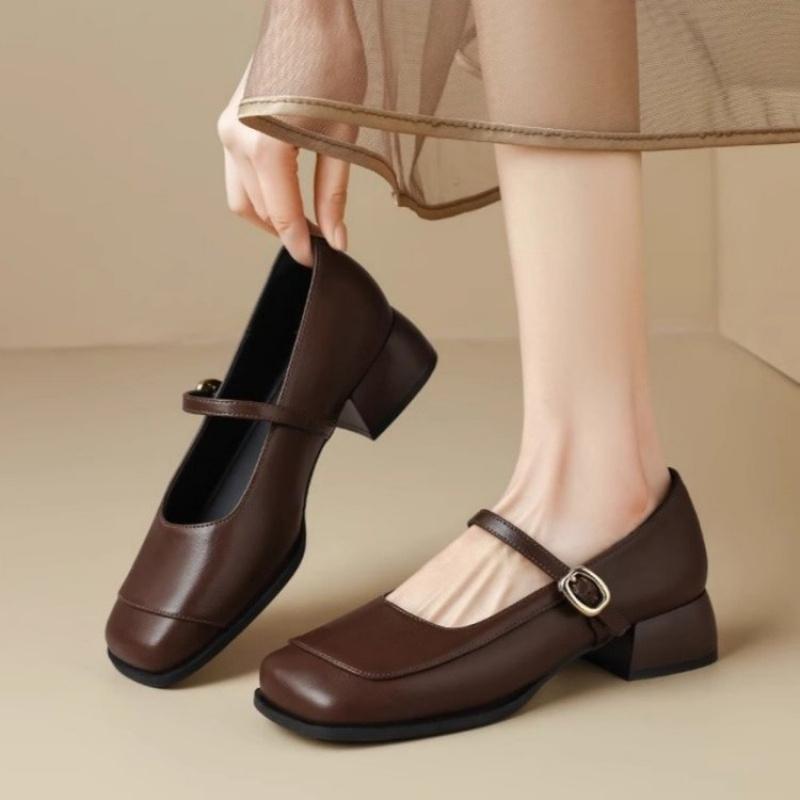Spring Summer Women's French Style Shoes - Square Toe Chunky Heel Shoes with Metal Buckle Ankle Strap Leather Shoes