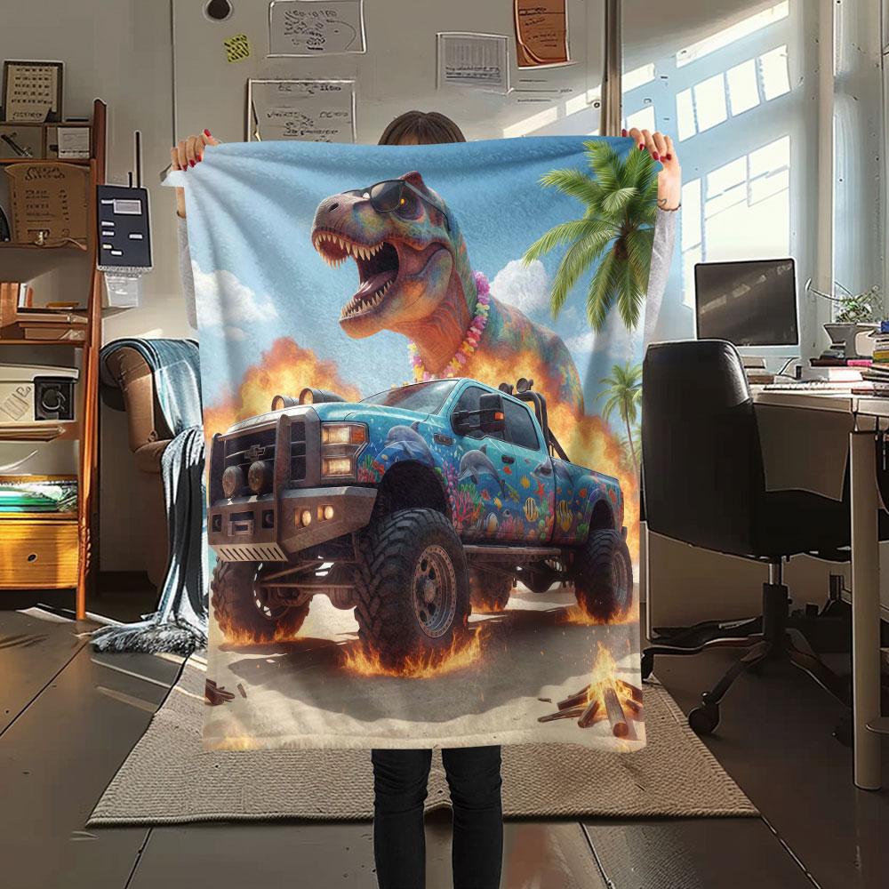 1Pc Cool Pickup Truck Print Flannel Blanket, High Quality Comfortable for All Seasons, Home Decor, Warmth and Comfort, Perfect for Christmas Gifts