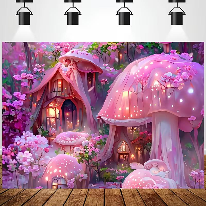 

2D Fairycore Mushroom Tapestry Whimsical Pink Glowing Mushroom Village Wall Hanging for Aesthetic Room 47.2x31.5inch/120*80cm