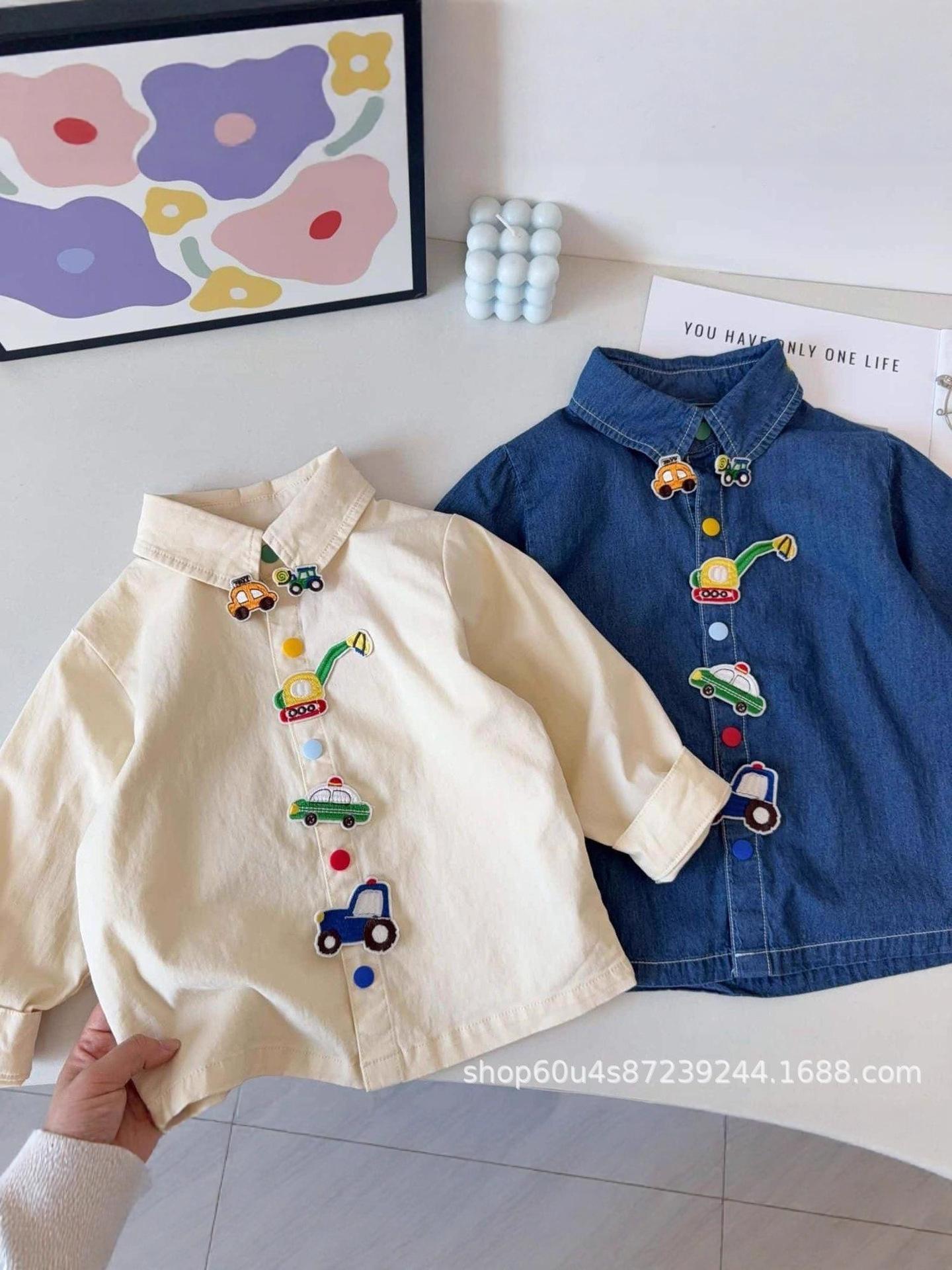 

2025 Cartoon Car Long-Sleeve Shirt for Boys - Cute Spring/Autumn Fashion with Turn-Down Collar 90 cm бежевий