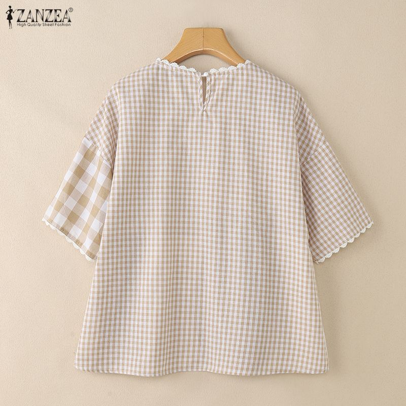 ZANZEA Damen Lässig Rundhals Kurzarm Locker Karierte Bluse