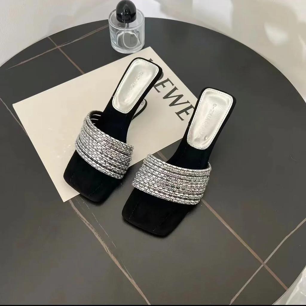 Shoes Woman 2025 Slippers Heels Luxury Slides Pantofle Rubber Flip Flops Square Toe Low Beige Heeled Sandals High Designer New