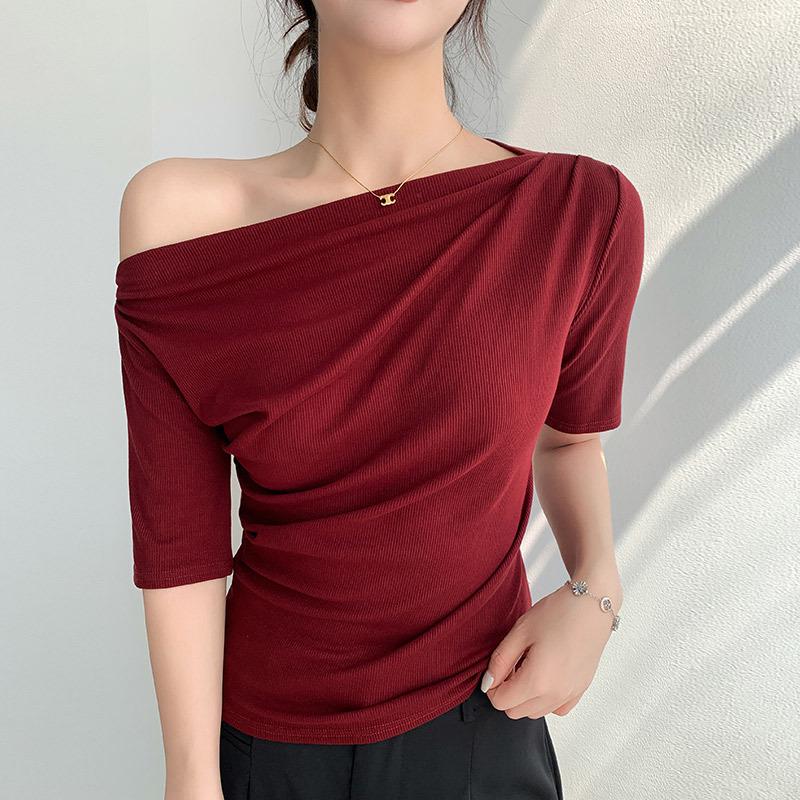 Women s Off-Shoulder Ribbed Slim-Fit T-Shirt - Summer Sexy Ruched Short-Sleeve Versatile Top S for 80-95 lbs