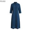 ZANZEA Women Casual Turn Down Collar Loose 3/4 Sleeve Shirt Dress