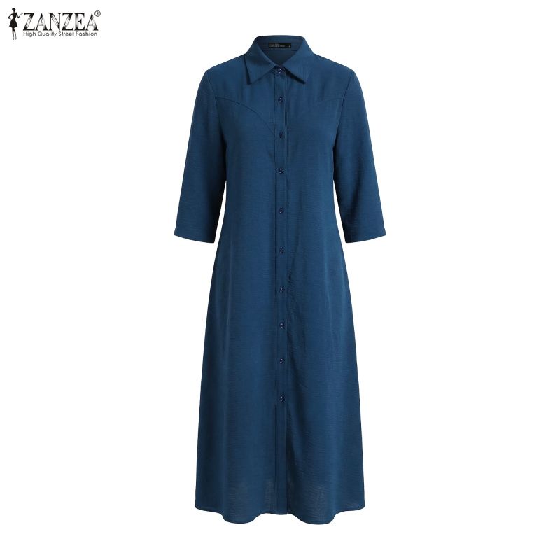 ZANZEA Women Casual Turn Down Collar Loose 3/4 Sleeve Shirt Dress