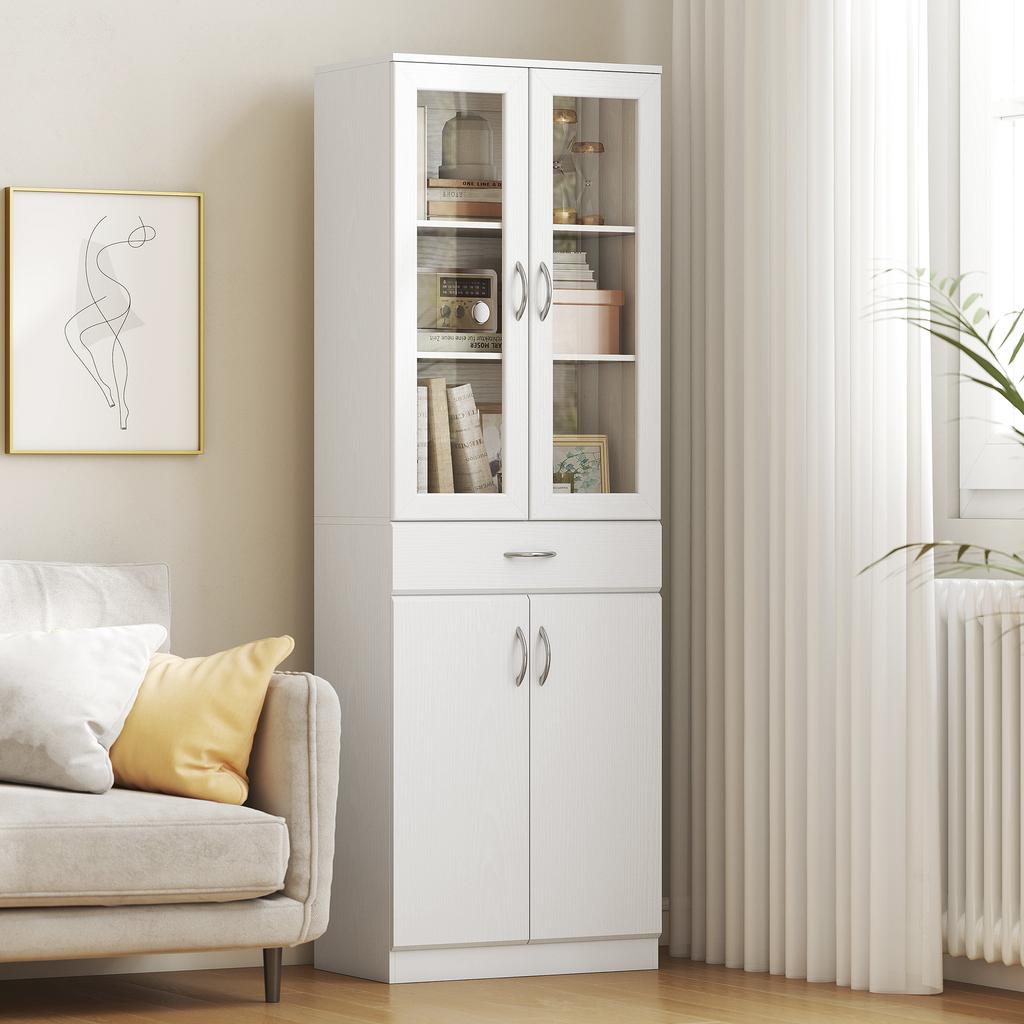 Mobile da Cucina Credenza con Ripiano Regolabile Cassetto 2 Ante Armadio Alto con Porta in Vetro 60 x 35 x 180 cm Bianco
