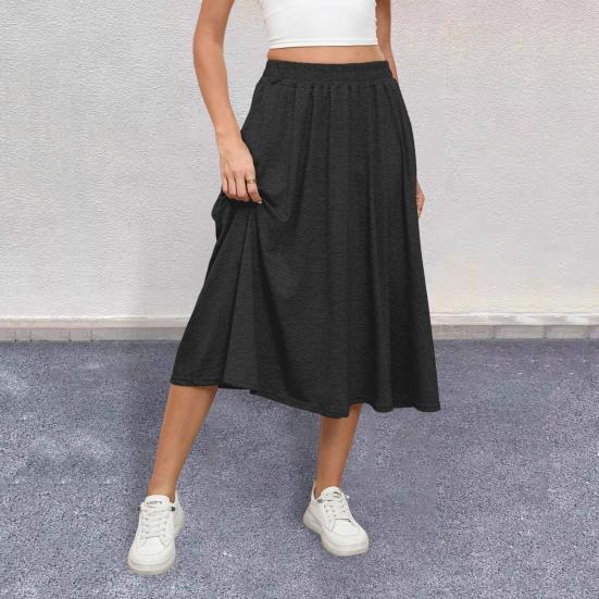 Women Midi Skirt Elastic High Waist Large Hem Mid-calf Length Skirt Solid Color Commuting Style Skirt