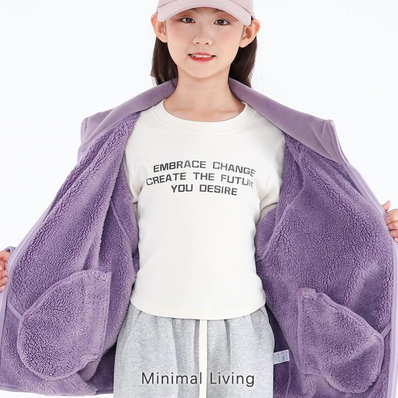 Kids Solid Color Fleece Jacket Boys Girls Stand Collar Zip Up Warm Coat Winter Outdoor