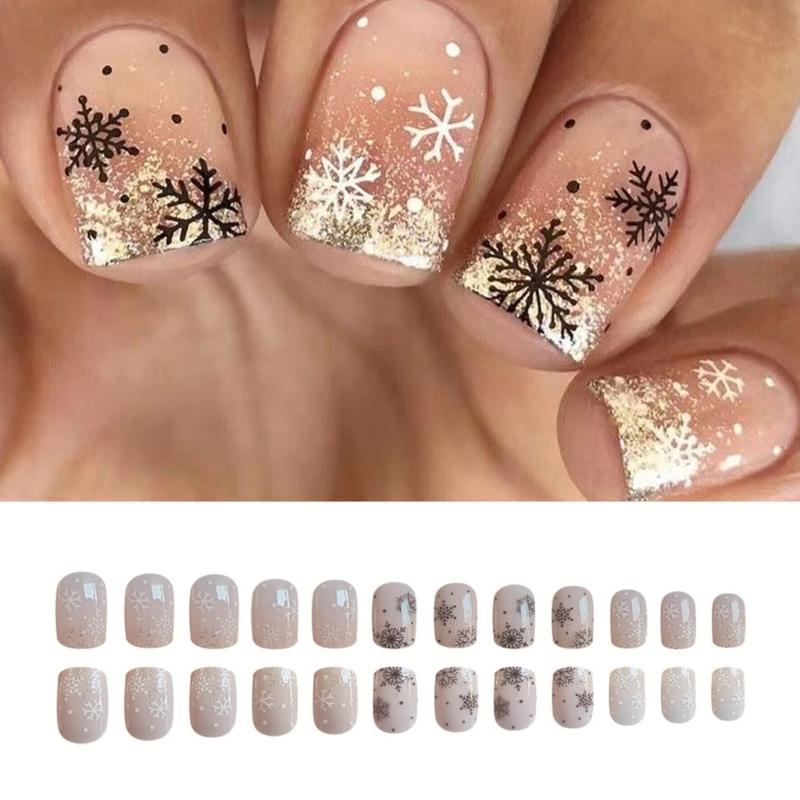 24 Pcs Short Square False Nail Christmas Press On Nail Glittering Artificial Nail Snowflake Full Cover Stick On Nail