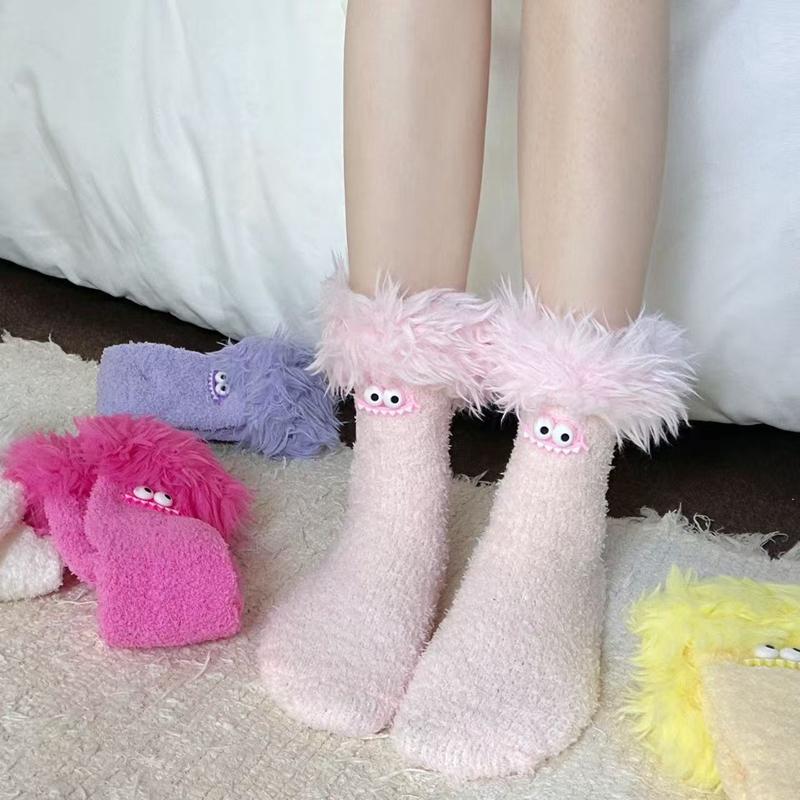 Women Girls Winter Thick Coral Fleece Cartoon Big Mouth Monster Plush Sleep Socks Warm Soft Home Socks
