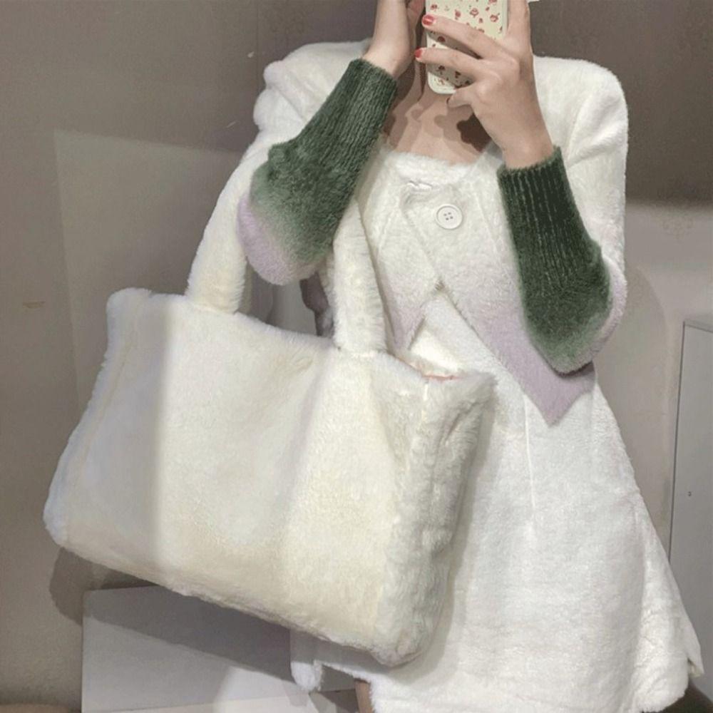 Large Capacity Plush Tote Bag Korean Style Shoulder Handbag Casual Faux Fur Tote Bag  Lady