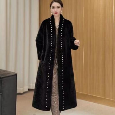 Winter New Fashion Light Luxury Pearl Fur Integrated Long Coat Women's Coat Loose Warm Thickened