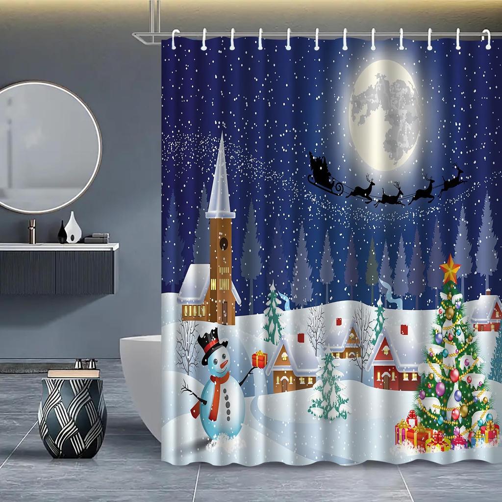 Christmas Shower Curtain Bathroom With 12 Plastic C-shaped Hooks As A Gift