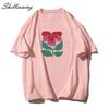 Shellsuning Schöne Blumen bedrucktes T-Shirt für Damen, Sommer, übergroß, lässig, O-Ausschnitt, einfach, passend für Mädchen, T-Shirts, Basic, Harajuku, Paar-Oberteile