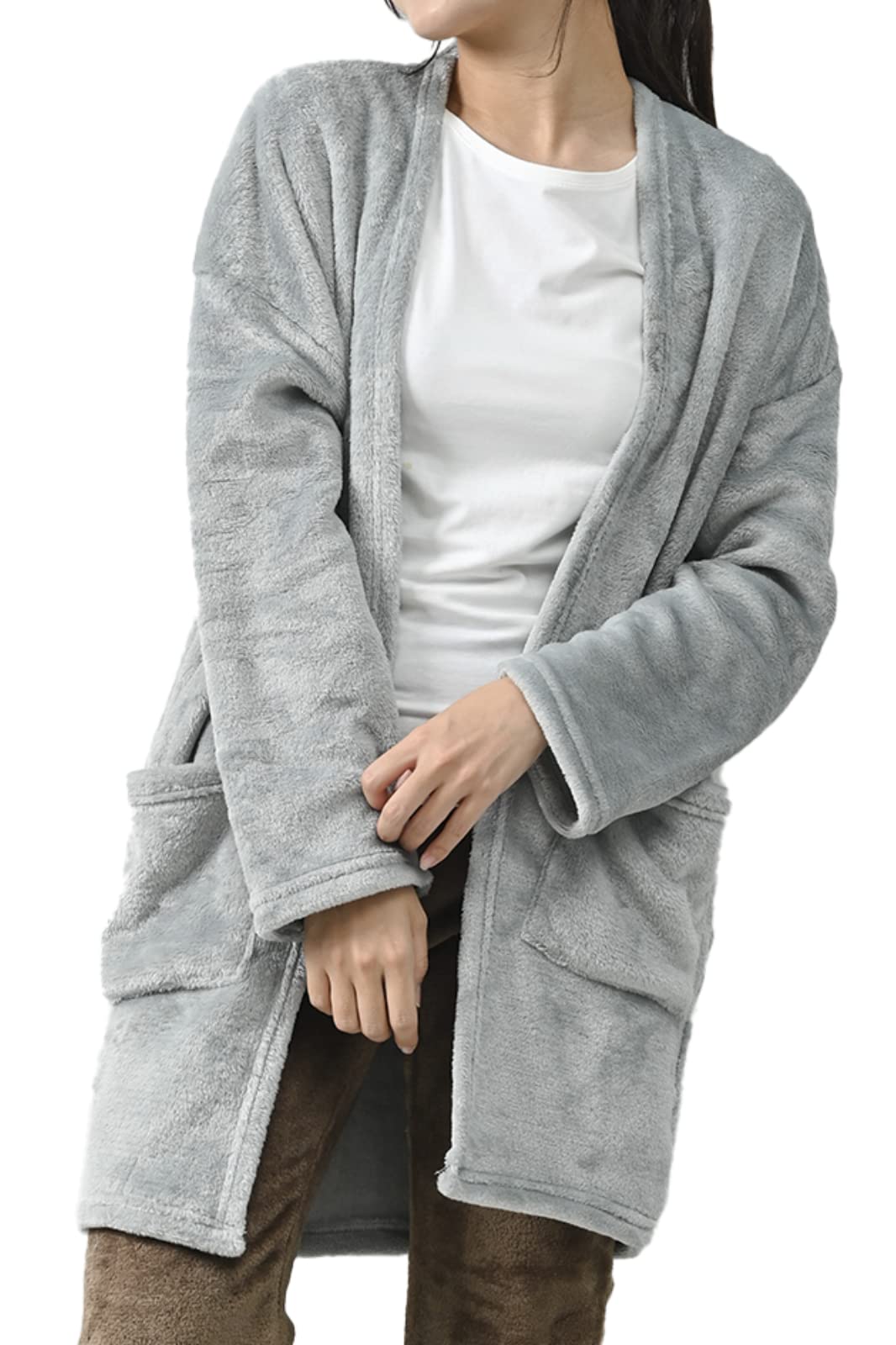 

Aunii Флисовый кардиган-пижама Зимний однотонный 8239 Женский халат, Верхняя одежда, Цвет, Домашняя одежда, Одеяло, Плед, (B-GRY M-L)