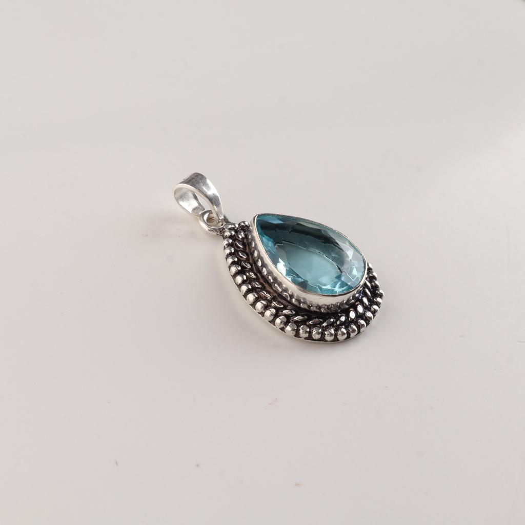 Sky Blue Topaz Gemstone Silver Handmade Pendant 1.5", 925 Sterling Silver Jewelry APP-2-8