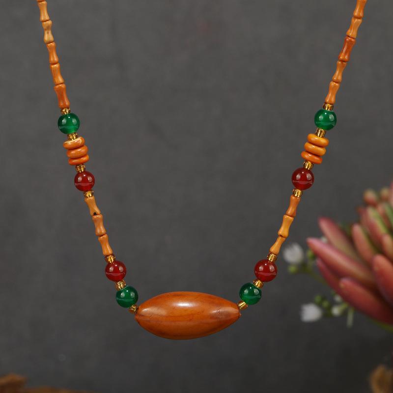 Retro New Chinese Wooden Bamboo Necklace Niche Design Beeswax Agate Pendant Collarbone Chain Women's Literary Accessories