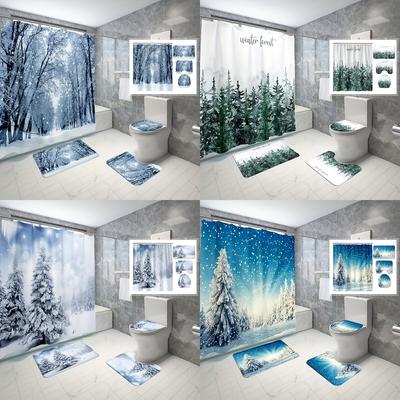 4pcs Winter Forest Shower Curtain Set Decorative Bathroom Set Waterproof Non-Slip Carpet Toilet Cover Bath Mat 12 Hooks